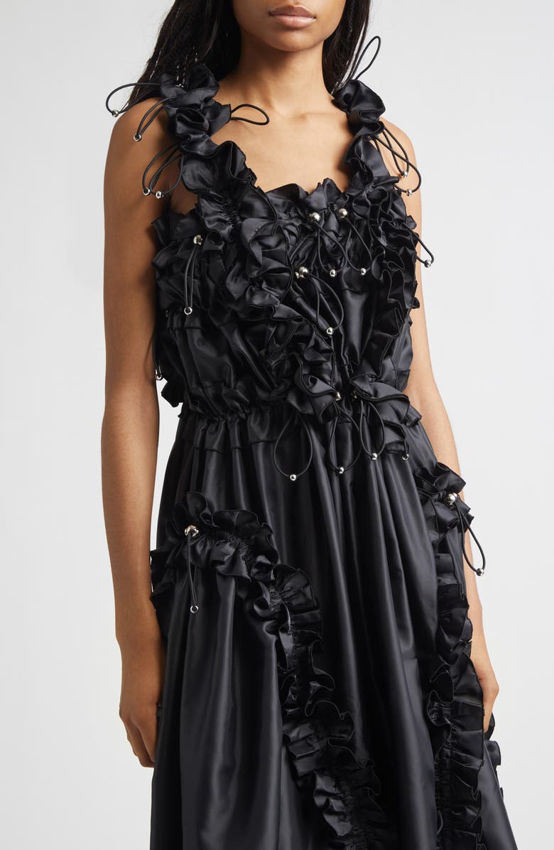 Noir Kei Ninomiya Drawcord Ruffle Off the Shoulder Satin Midi Dress, Alternate, color, Black