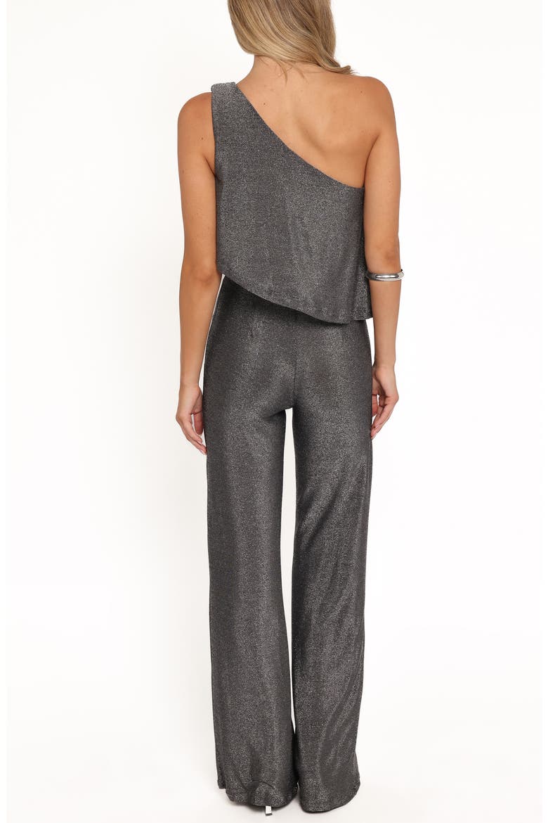 Anna Metallic One-Shoulder Flare Jumpsuit, Alternate, color, BLACK SILVER