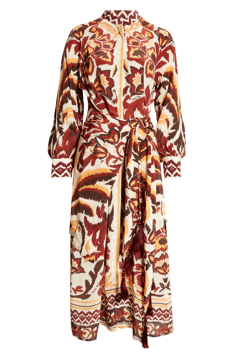 FARM Rio Tie Front Long Sleeve Shirtdress, Alternate, color, Toucans Scarf Cream