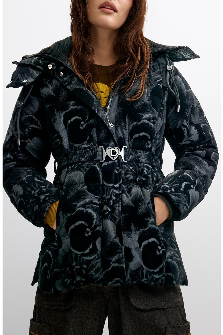 Floral Quilted Puffer Coat, Main, color, BLACK