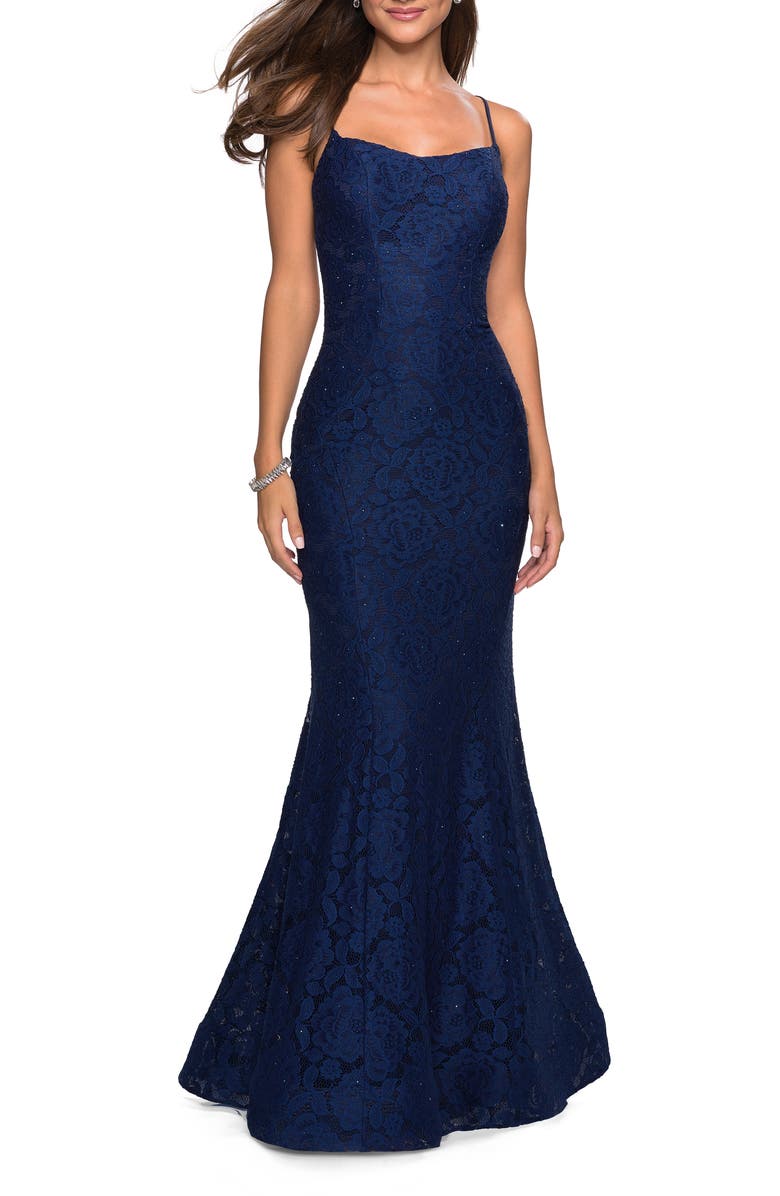 La Femme Strappy Back Stretch Sparkle Lace Trumpet Gown, Main, color, 