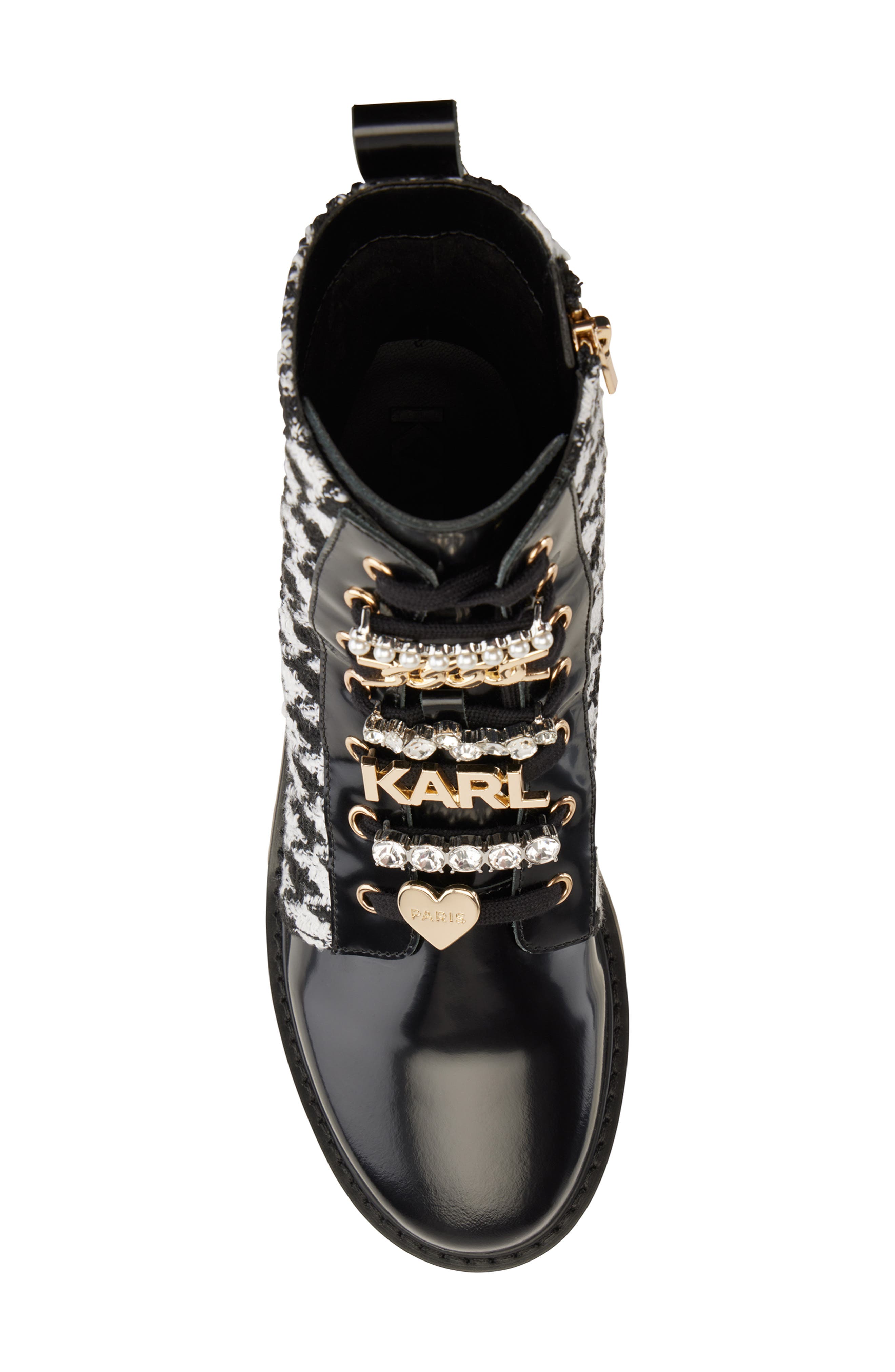 KARL LAGERFELD PARIS Mela Tweed Combat Boot, Alternate, color, 