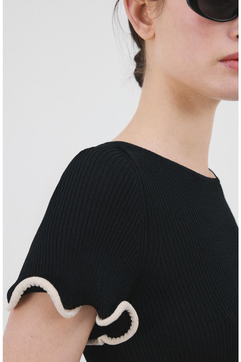 Ruffle Trim Short Sleeve Sweater, Alternate, color, BLACK