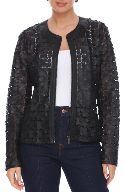Bagatelle Floral Mesh Lady Like Faux Leather Trim Jacket In Black