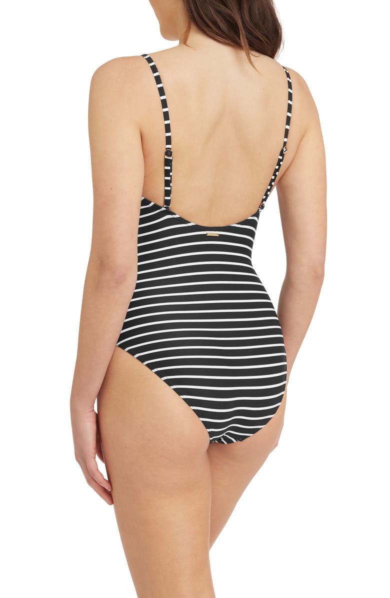 Sea Level Stripe Lace-Up One-Piece Swimsuit, Alternate, color,