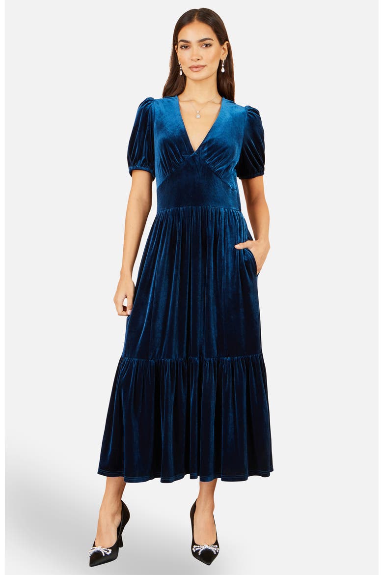 Puff Sleeve V-Neck Velvet Midi Dress, Main, color, Teal