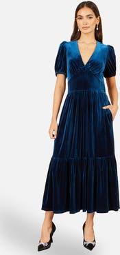 Yumi Puff Sleeve V-Neck Velvet Midi Dress