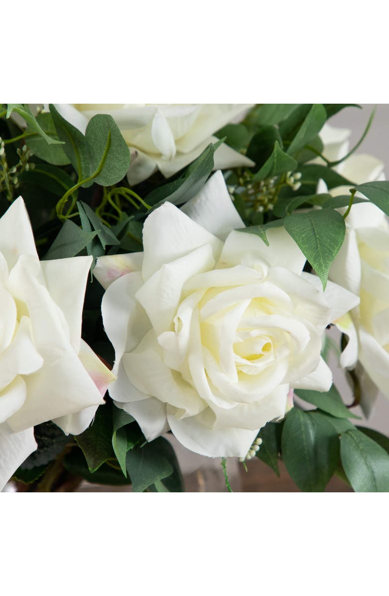 NEARLY NATURAL Wedding Collection 16-in Artificial Roses and Mixed Greens Arrangement in Glass Vase, Alternate, color, Green/White