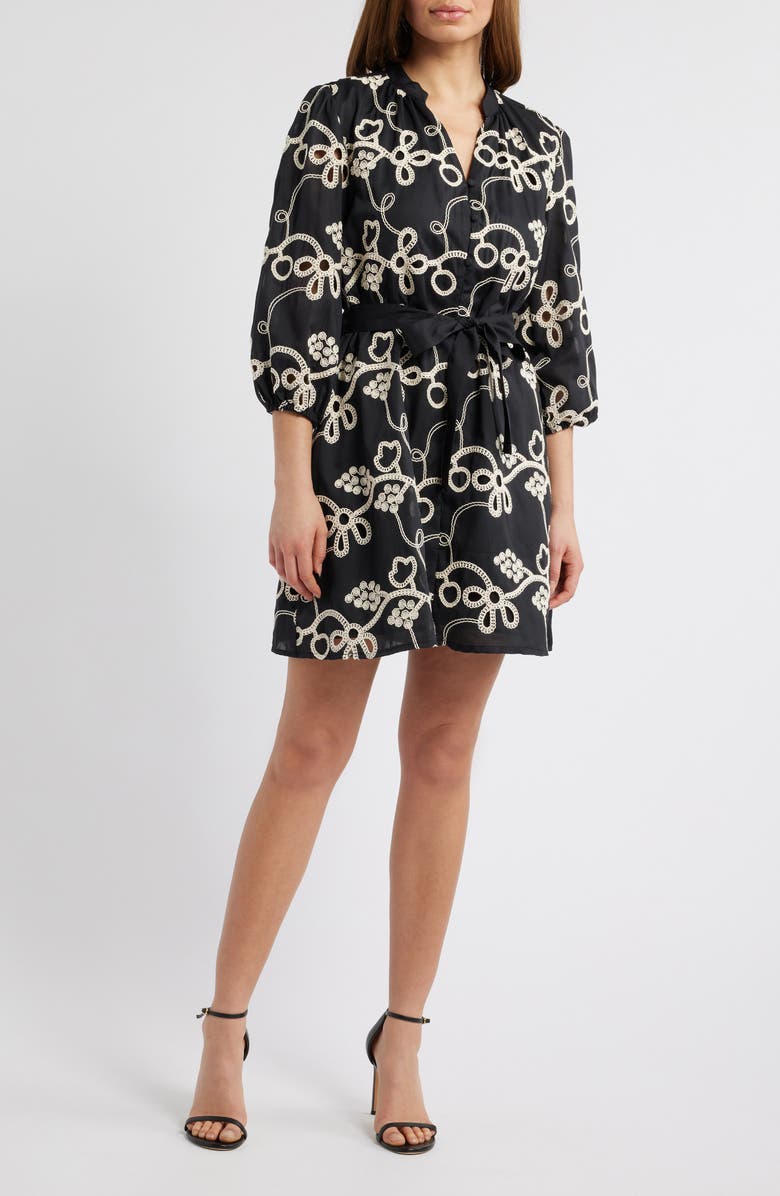 Sam Edelman Robe Embroidered Eyelet Long Sleeve Dress, Main, color, Black