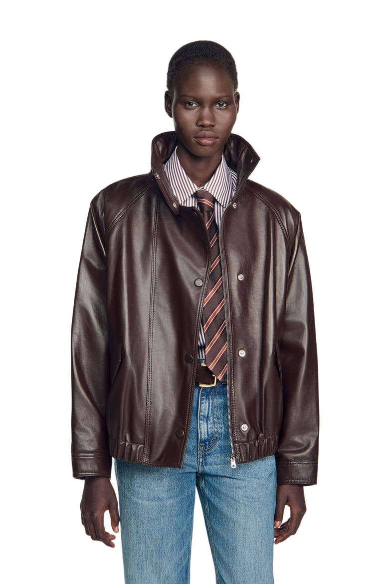 Oversized leather jacket, Alternate, color, Brown