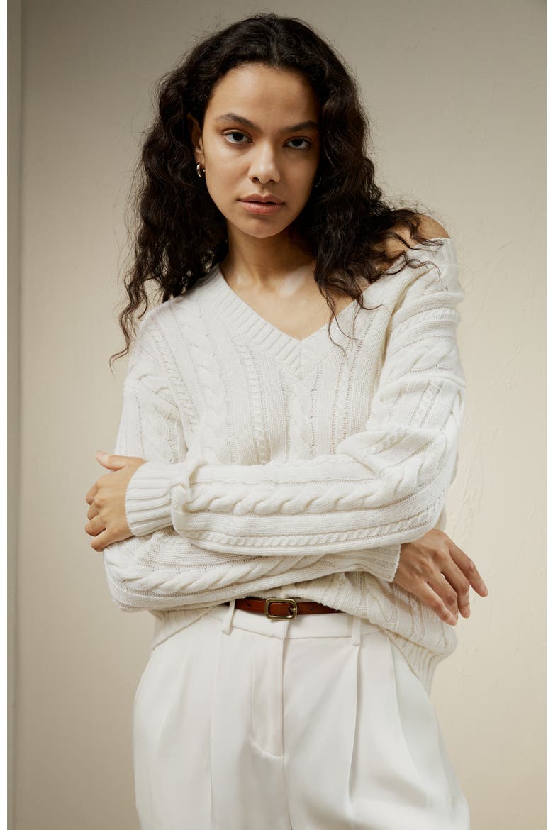 Women's Cable-Knit Wool-Cashmere Blend Sweater, Alternate, color, White