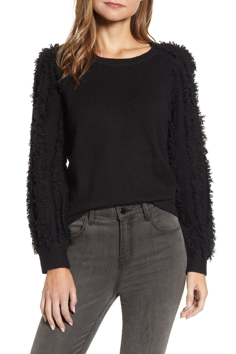 Fringe Sleeve Sweater, Main, color, RICH BLACK