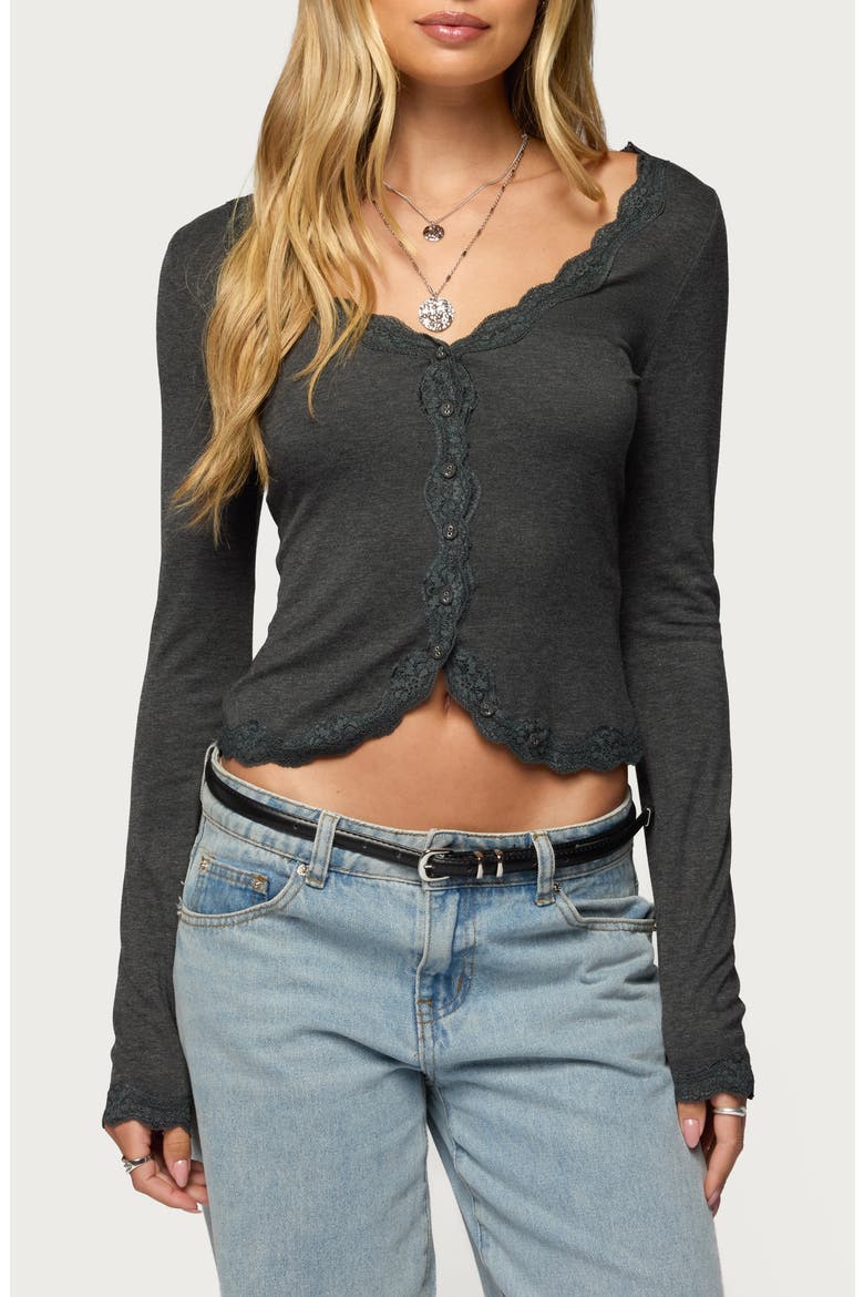 Gayle Lace Trim Button-Up Crop Top, Main, color, DARK-GRAY