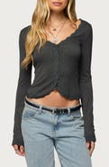 EDIKTED Gayle Lace Trim Button-Up Crop Top