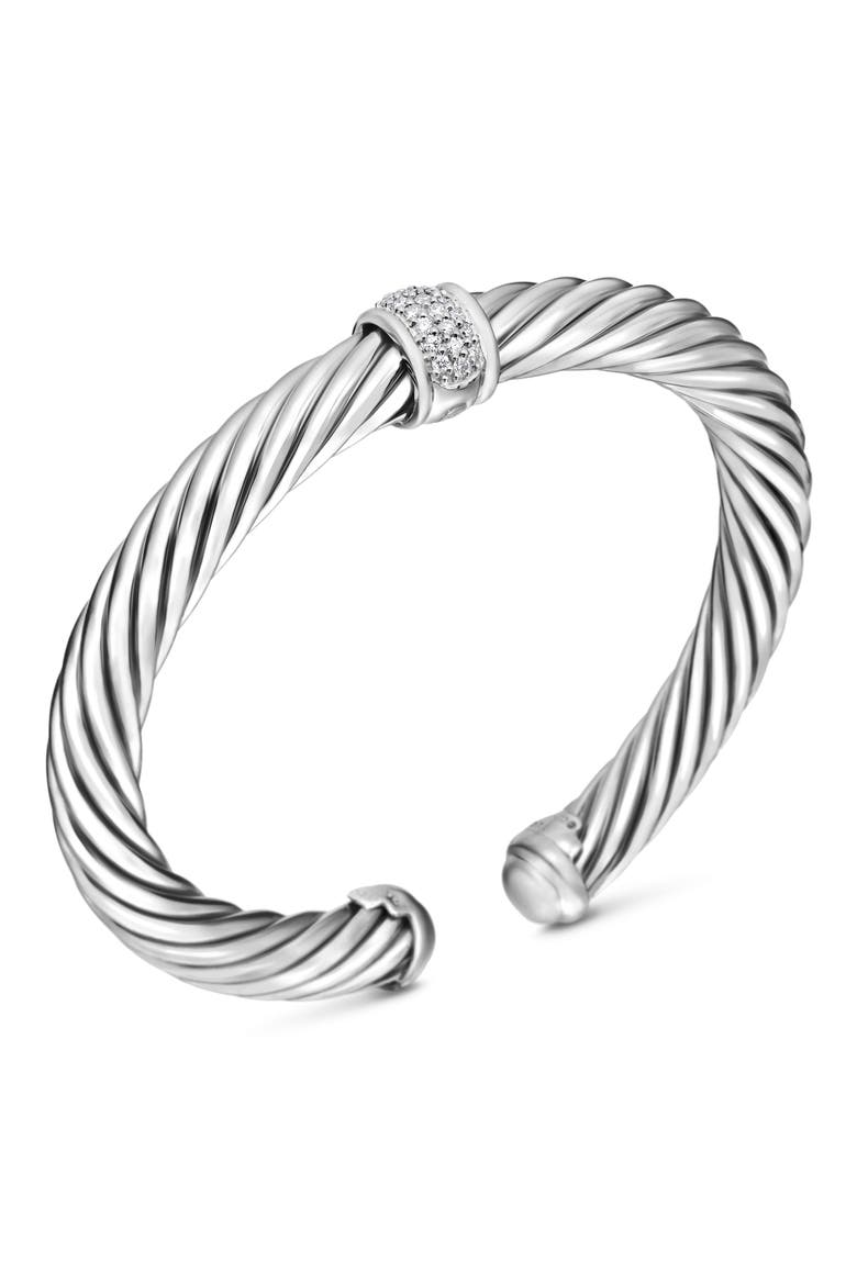 Classic Cable Station Bracelet in Sterling Silver with Pavé Diamonds, 7mm, Alternate, color, DIAMOND