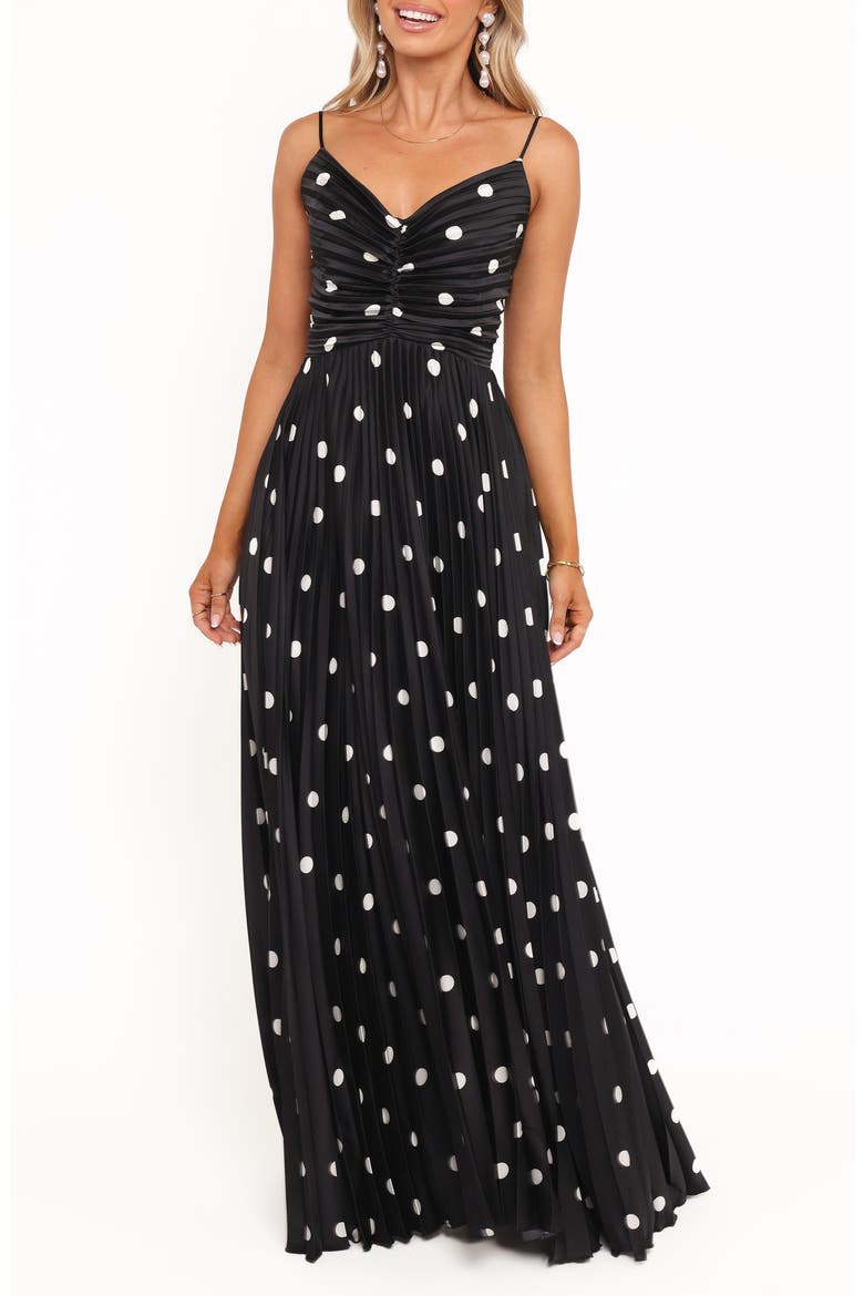 Naira Dot Pleated Maxi Dress, Main, color, BLACK POLKA DOT