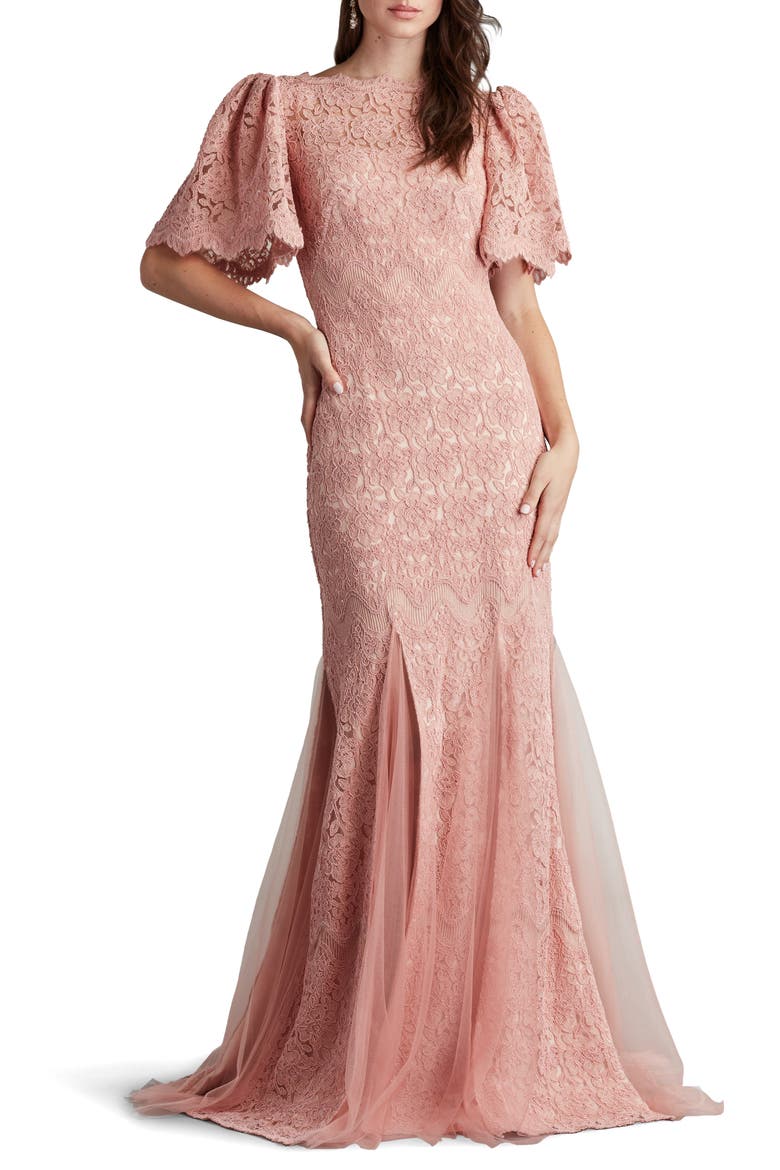 Flutter Sleeve Corded Lace Trumpet Gown, Main, color, ANTIQUE PINK