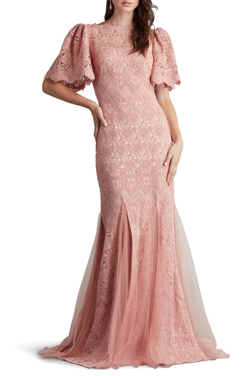 Tadashi Shoji Flutter Sleeve Corded Lace Trumpet Gown, Main, color, 