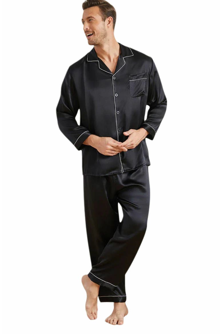 Silk Men's Lapel Long Sleeve Pajamas Set, Main, color, Black
