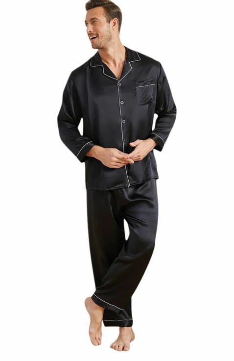 Silk Men's Lapel Long Sleeve Pajamas Set