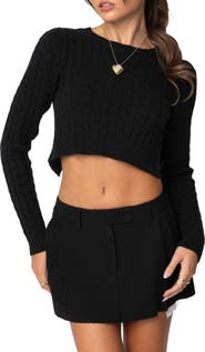 EDIKTED Bow Accent Cable Stitch Crop Sweater