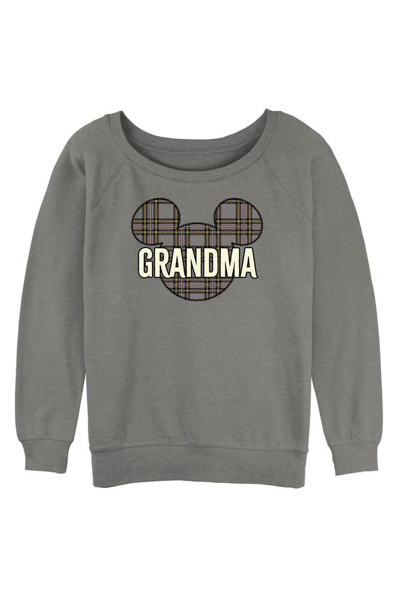 Junior's Mickey & Friends Grandma Plaid Logo  Sweatshirt, Main, color, Gray Heather