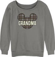Mickey & Friends Junior's Grandma Plaid Logo Long Sleeve Oversized Sweatshirt