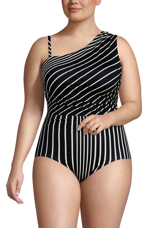 Lands' End Ruched One Shoulder Midkini Swimsuit Top In Black/egret Variegated Stripe