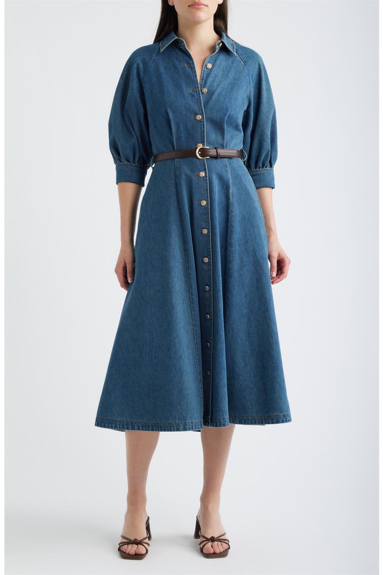 Puff Sleeve Denim Midi Shirtdress, Main, color, DENIM BLUE