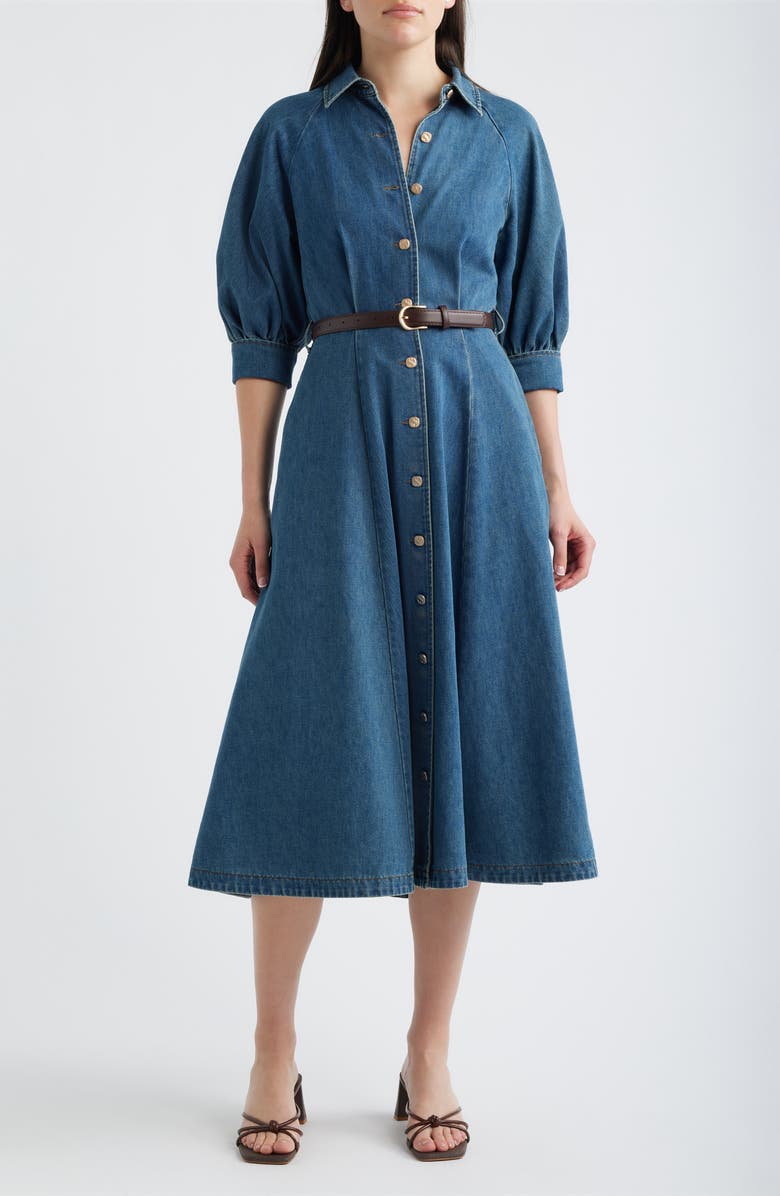 FREEMARKET Puff Sleeve Denim Midi Shirtdress, Main, color, Denim Blue