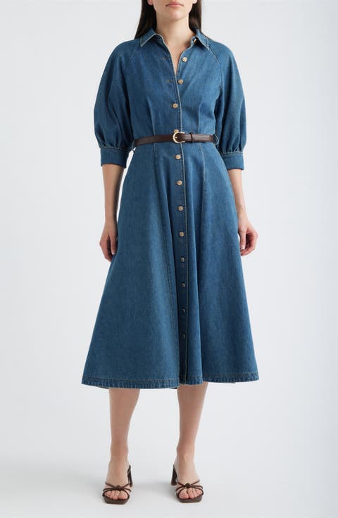 Puff Sleeve Denim Midi Shirtdress