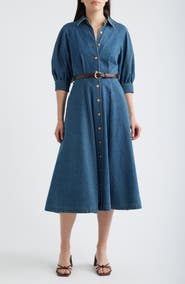 FREEMARKET Puff Sleeve Denim Midi Shirtdress