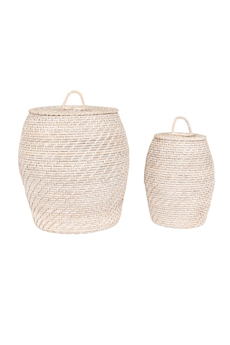 Decorative Hand-Woven Rattan Storage Baskets with Lids, Whitewashed, Set of 2, Alternate, color, White
