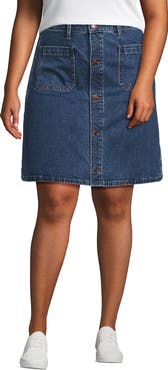 Lands' End Plus Size Soft Denim Mid Rise Button Through Above the Knee Skirt