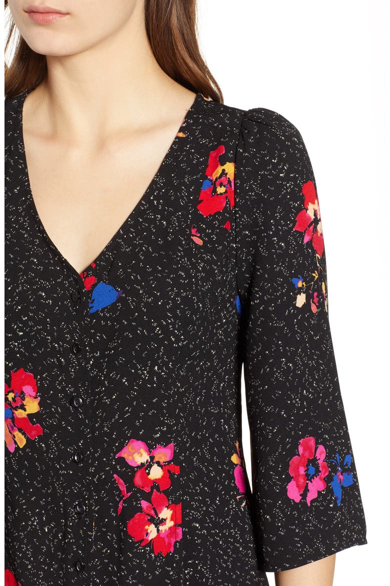 Button Front Print Blouse, Alternate, color, BLACK SPECKLED FLORAL