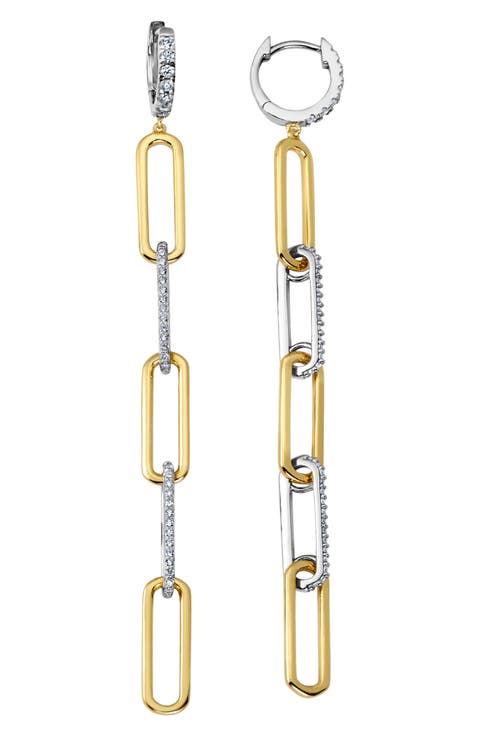 Two Tone Cubic Zirconia Paperclip Chain Drop Earrings