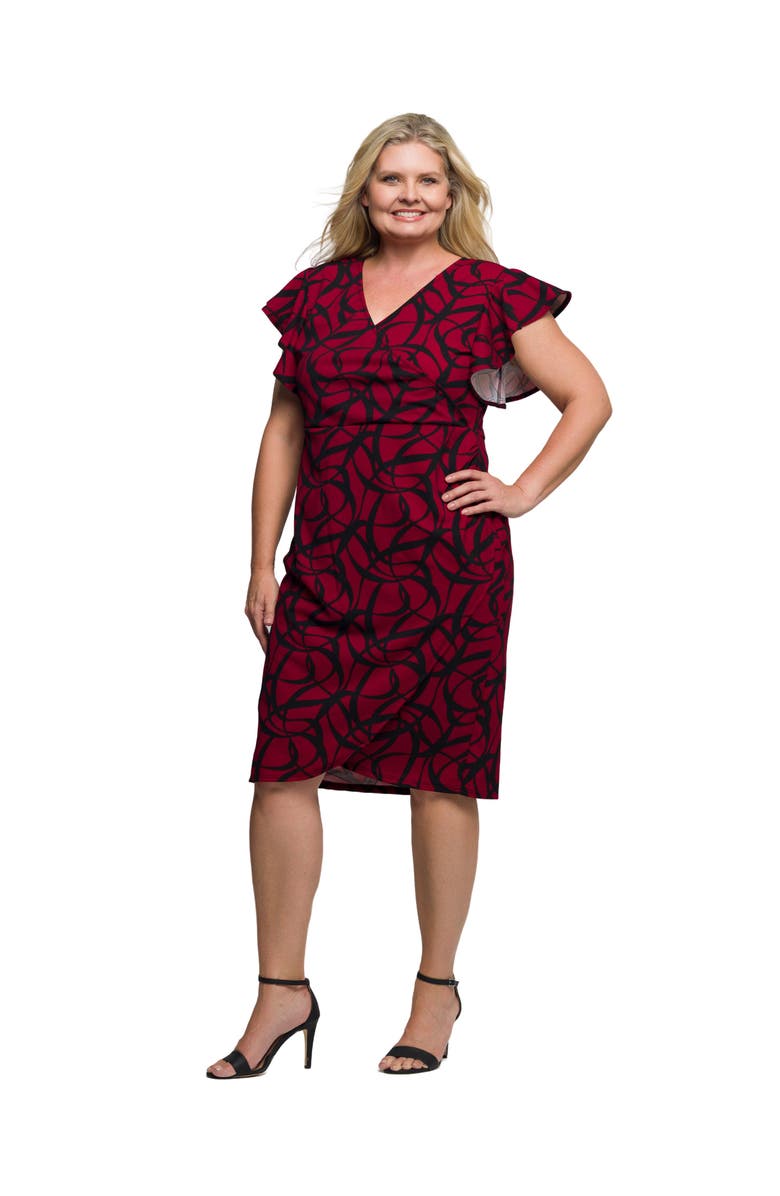 24seven Comfort Apparel Print Flutter Sleeve Faux Wrap Dress, Alternate, color, Red Multi
