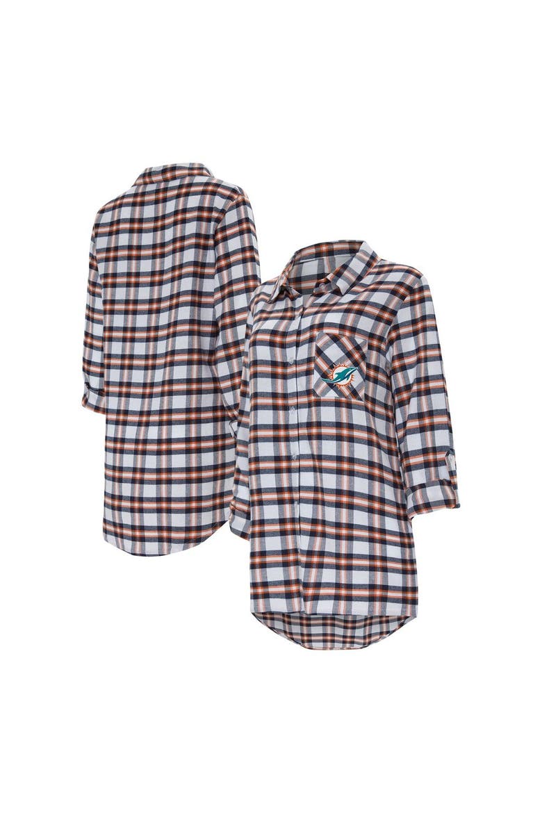 Women's Concepts Sport Aqua Miami Dolphins Sienna Plaid Full-Button Long Sleeve Nightshirt, Main, color, Aqua