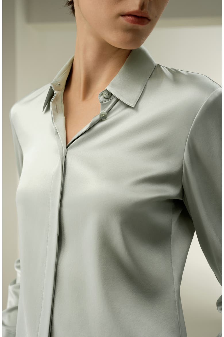 Women's Elegant Silk Slim Fit Shirt, Alternate, color, Silver Sage