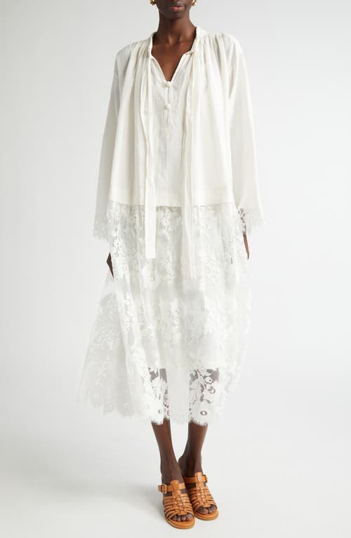 Zimmermann Long Sleeve Mixed Media Midi Dress In Ivory