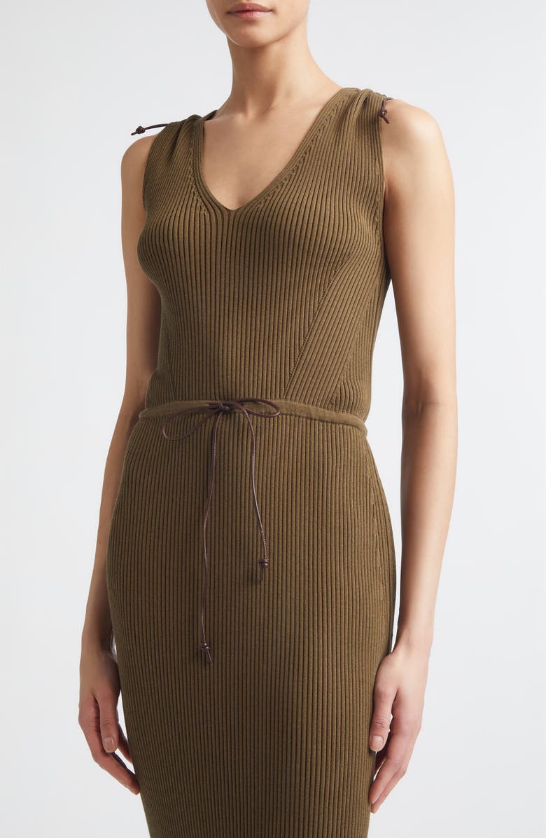 Max Mara Drawstring Cotton Blend Rib Sweater Dress, Alternate, color, Mud