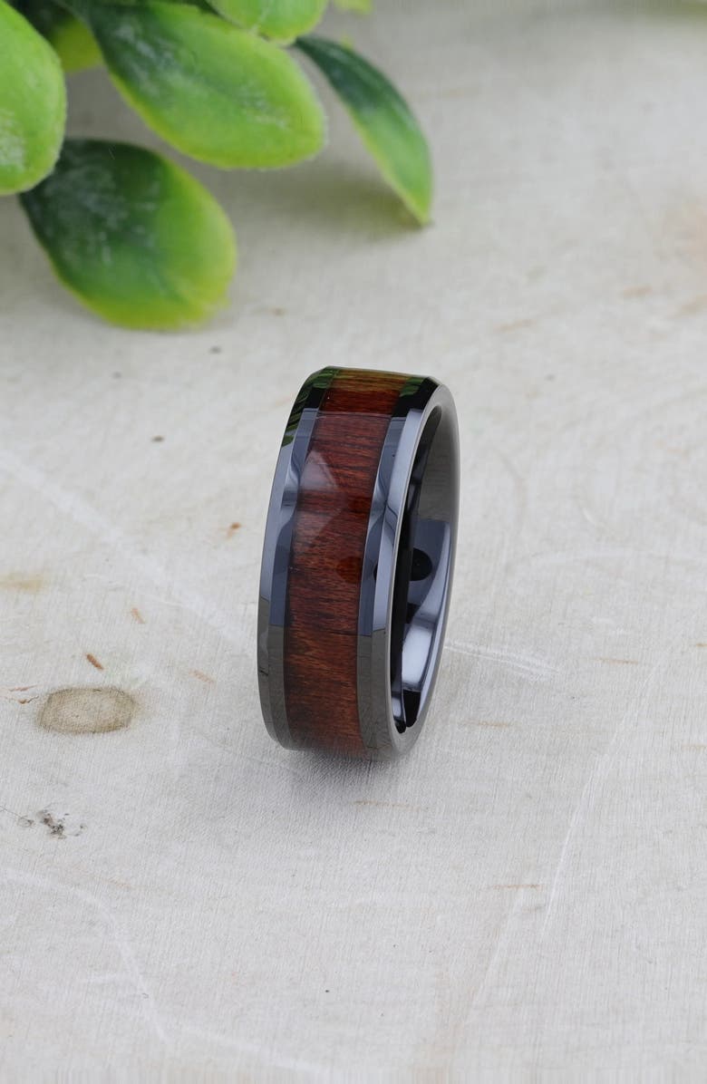 Larson Jewelers Benny Ceramic Beveled Wedding Band, Alternate, color, Black / Bubinga Wood