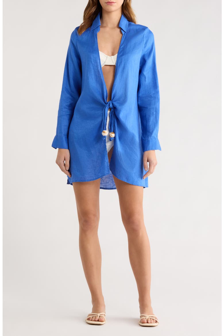 Tie Front Long Sleeve Linen Cover-Up, Main, color, SAPPHIRE BLUE