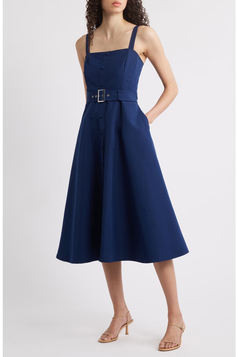 Belted Fit & Flare Sundress, Main, color, NAVY