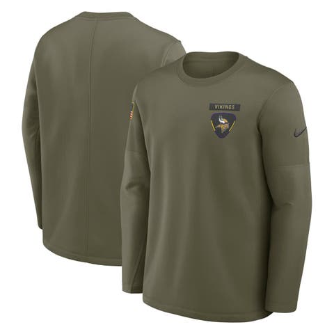 Men's Nike Olive Minnesota Vikings 2025 Salute to Service Sideline Coaches Therma-FIT Long Sleeve Shirt