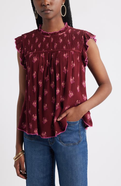 Treasure & Bond Shirred Ruffle Sleeve Top In Burgundy