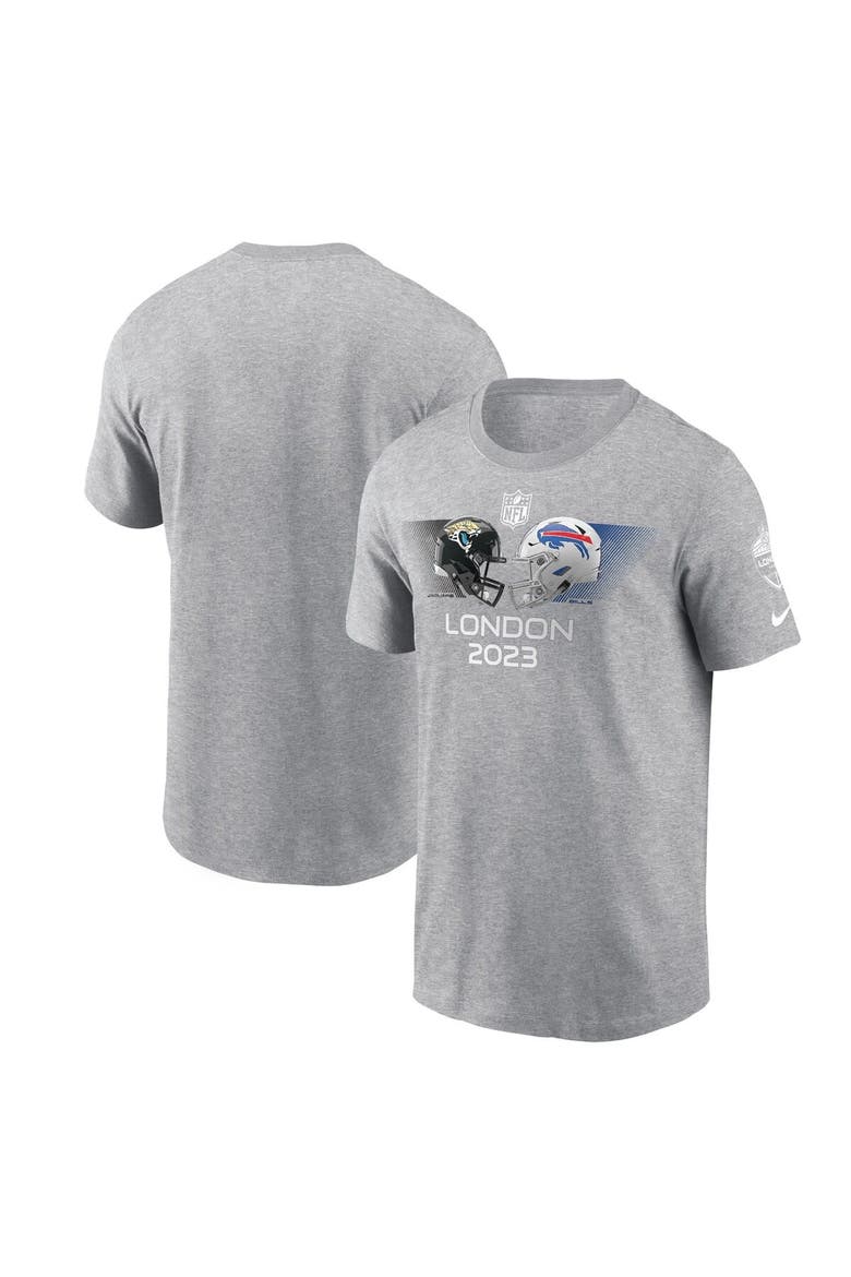 Men's Nike Heather Charcoal Jacksonville Jaguars vs. Buffalo Bills 2023 London Game T-Shirt, Main, color, Heather Charcoal