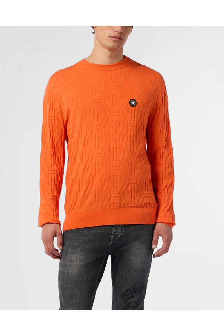Jacquard Round Neck Pullover Monogram Men, Main, color, orange