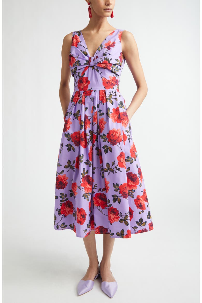 Rose Print Stretch Poplin A-Line Midi Dress, Main, color, VIOLETA MULTI