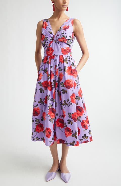 Rose Print Stretch Poplin A-Line Midi Dress